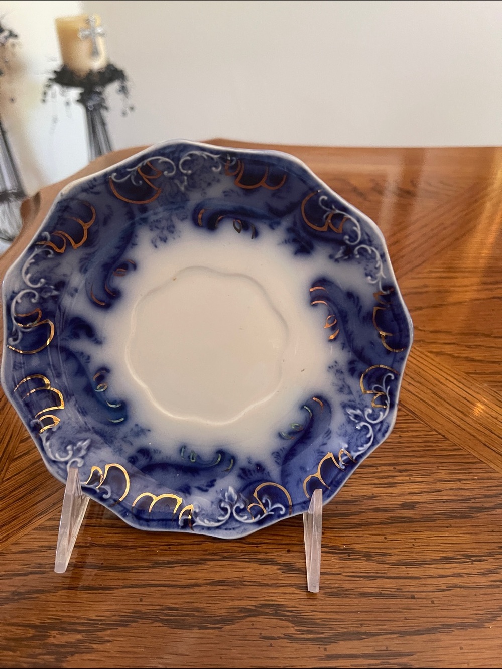 Blue and Gold Trim Porcelain Saucer — Classic Floral Motif